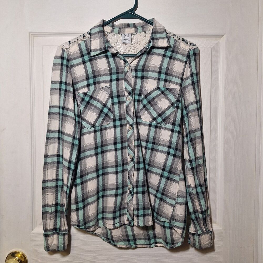 Empyre Blue White Plaid Button Up Flannel Lace Back Cabincore Indie Sleaze Sz S